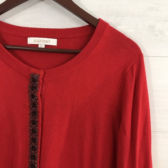 Ellen Tracy Red Jeweled Crew Neck Cardigan - Picture 2 of 7